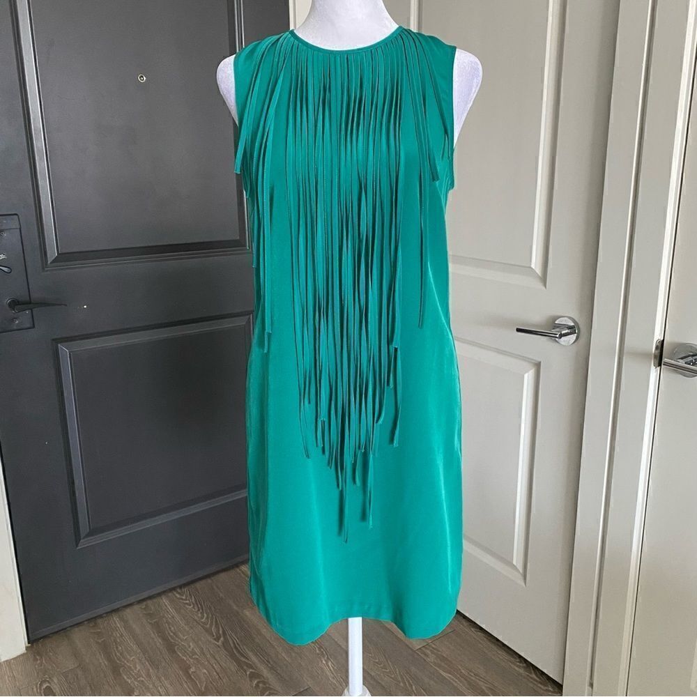 Zara Teal Green Sleeveless Shift Dress with Fringe Collar Size XS